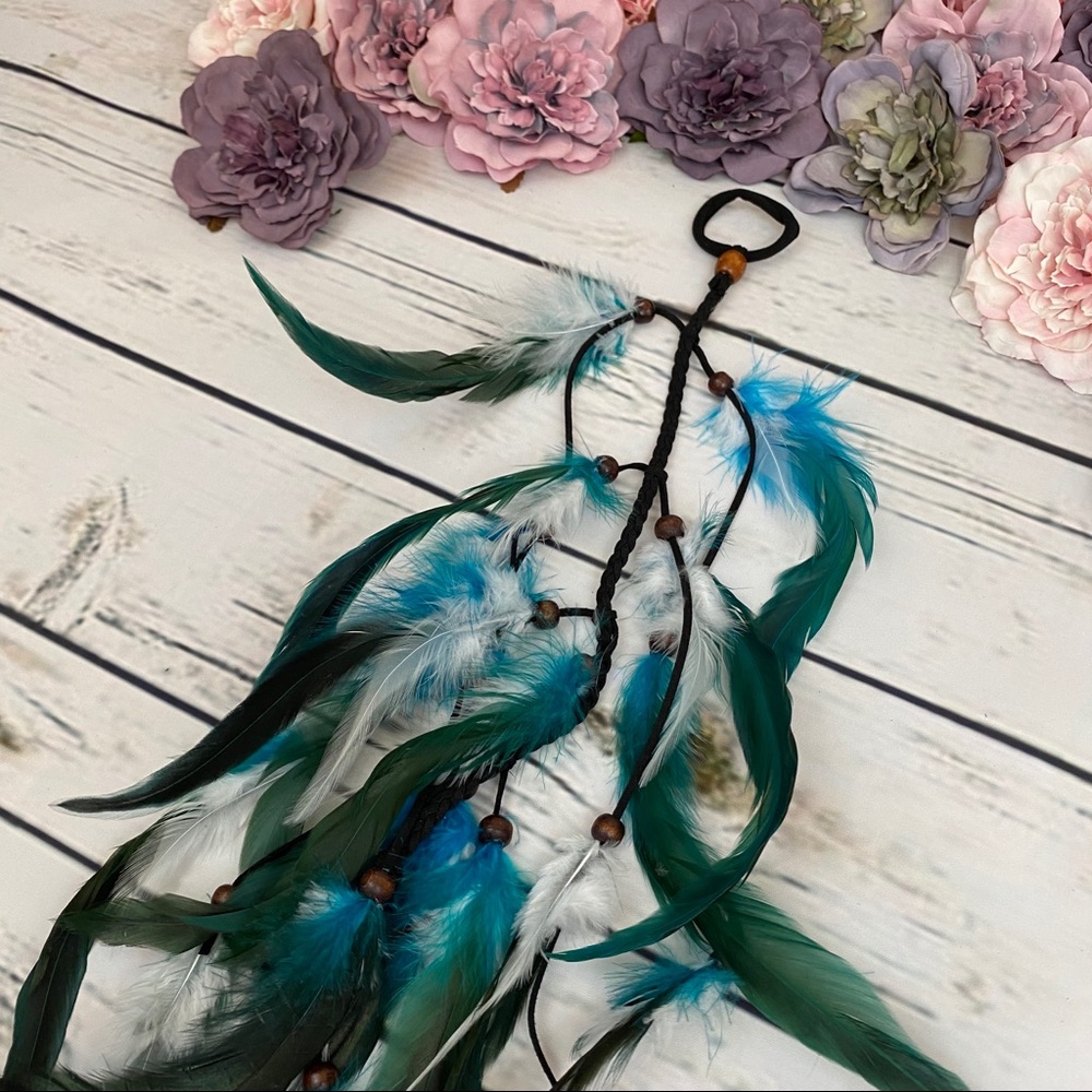 Boho Blue and White Long Feather Elastic Hair Tie - Picture 6 of 14